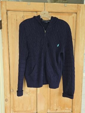 Polo by Ralph Lauren Navy Cable-Knit Zip-Up Hoodie Sweater with Teal Pony